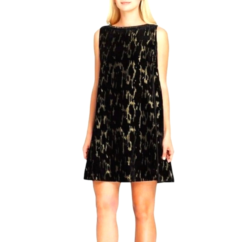 Tahari Arthur S. Levine Metallic Burnout Sheath Dress Velour Black Gold Size 10